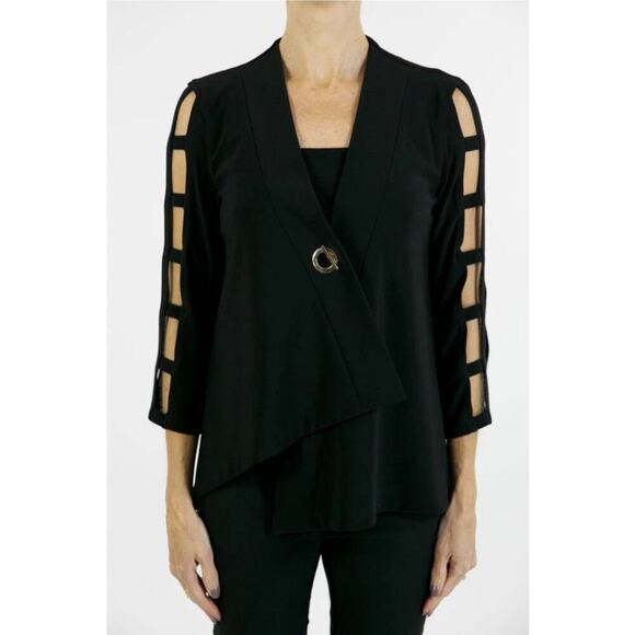 JOSEPH RIBKOFF 163145 WRAP STYLE DRAPE BLACK TOPPER TOP SIZE 2 CAGE SLEEVE EUC - Picture 1 of 7